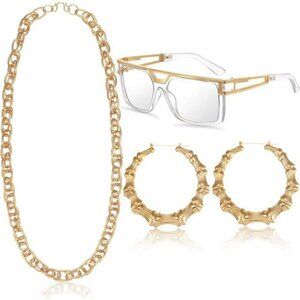90s Hip Hop Costume Kit Gold Chain Earrings Sunglasses Rapper Party Outfit
